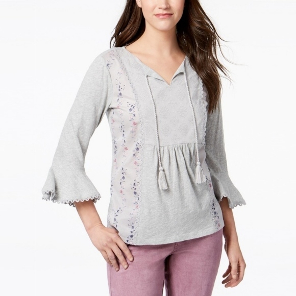 STYLE & CO Heather Grey Embroidered Boho Peasant Top Bell Sleeves M Grandmacore